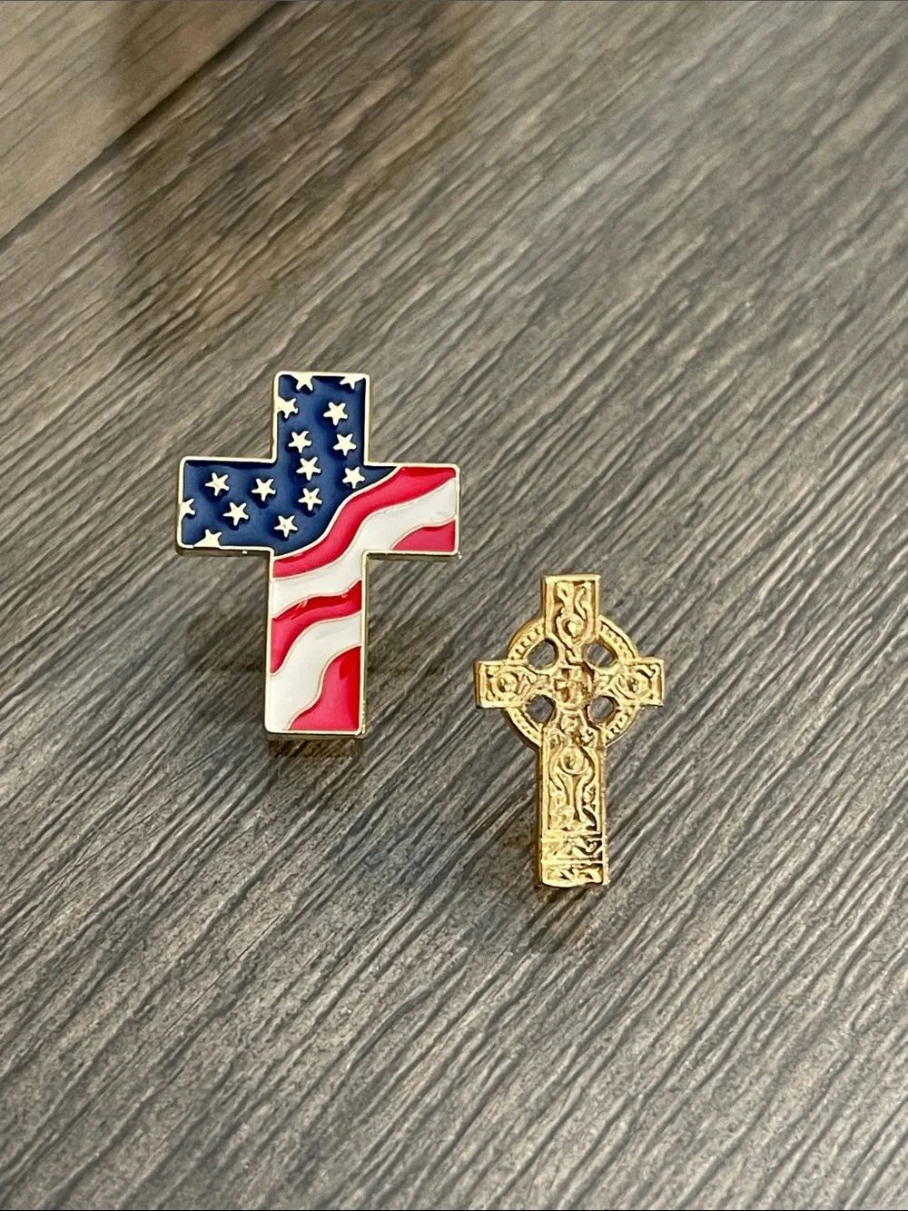 Colorful American Flag Cross Pin & Gold-Tone Celtic Cross Lapel Pin Set